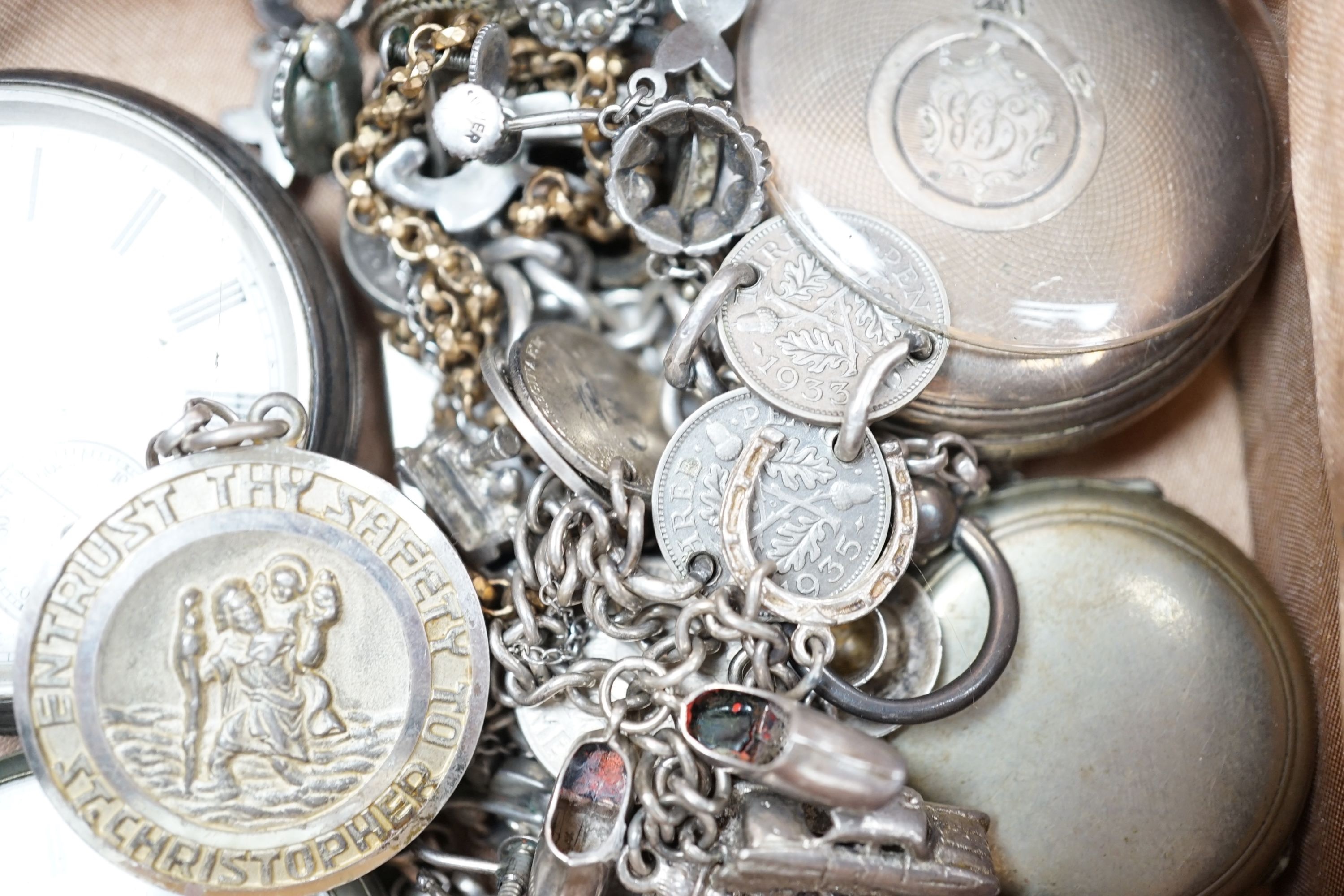 Two silver open face pocket watches, one other nickel cased pocket watch, two fob watches and minor jewellery including paste ear clips and a sterling charm bracelet.
